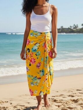 Desigual Yellow Floral Tie-Side Beach Sarong/Midi Skirt